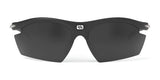 Rudy Project Rydon Sunglasses by Rudy Project are black wraparound sports shades with dark lenses and adjustable anti-slip nosepads for a secure fit, shown on a white background.