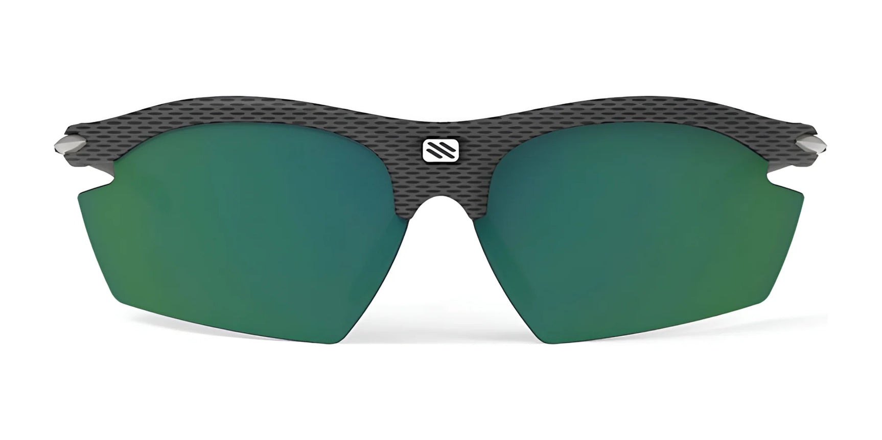 Rudy Project Rydon Sunglasses by Rudy Project feature green mirrored interchangeable lenses, a textured black frame, and adjustable anti-slip nosepads for a secure fit, shown front-facing on a white background.
