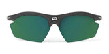 Rudy Project Rydon Sunglasses by Rudy Project feature green mirrored interchangeable lenses, a textured black frame, and adjustable anti-slip nosepads for a secure fit, shown front-facing on a white background.