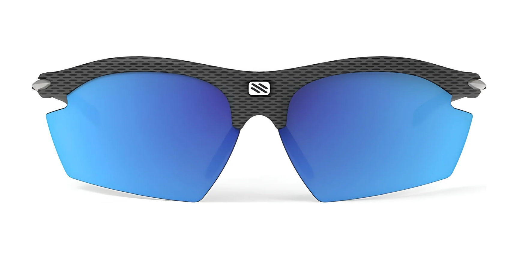 Rudy Project Rydon Sunglasses by Rudy Project feature blue mirrored lenses, a black textured frame, and adjustable anti-slip nosepads for comfort, shown on a white background.