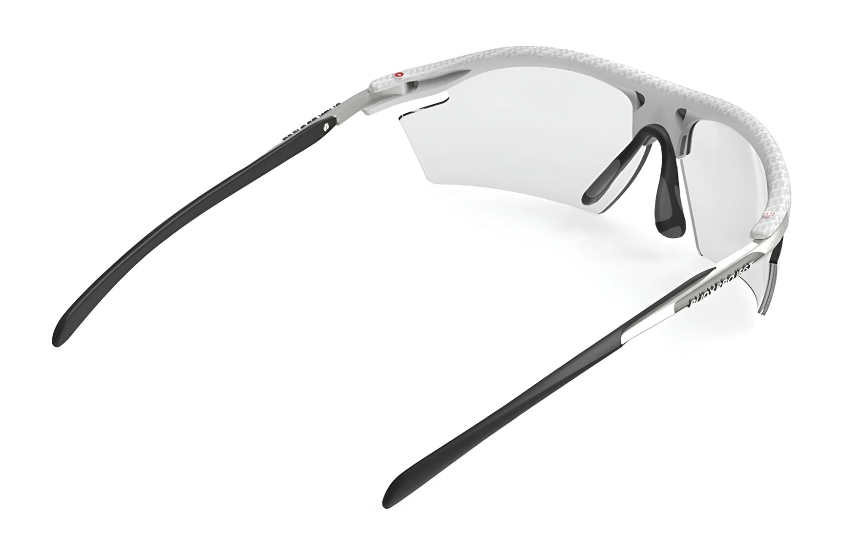 Back view of Rudy Project Rydon Sunglasses by Rudy Project, featuring black arms, a white frame, clear interchangeable lenses, and adjustable anti-slip nosepads.