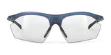 Rudy Project Rydon Sunglasses by Rudy Project feature blue rims, clear lenses, black temples, and adjustable anti-slip nosepads, shown from the front.