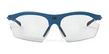 The Rudy Project Rydon Sunglasses by Rudy Project feature a blue frame, clear rimless lenses, and adjustable anti-slip nosepads, displayed against a plain white background.