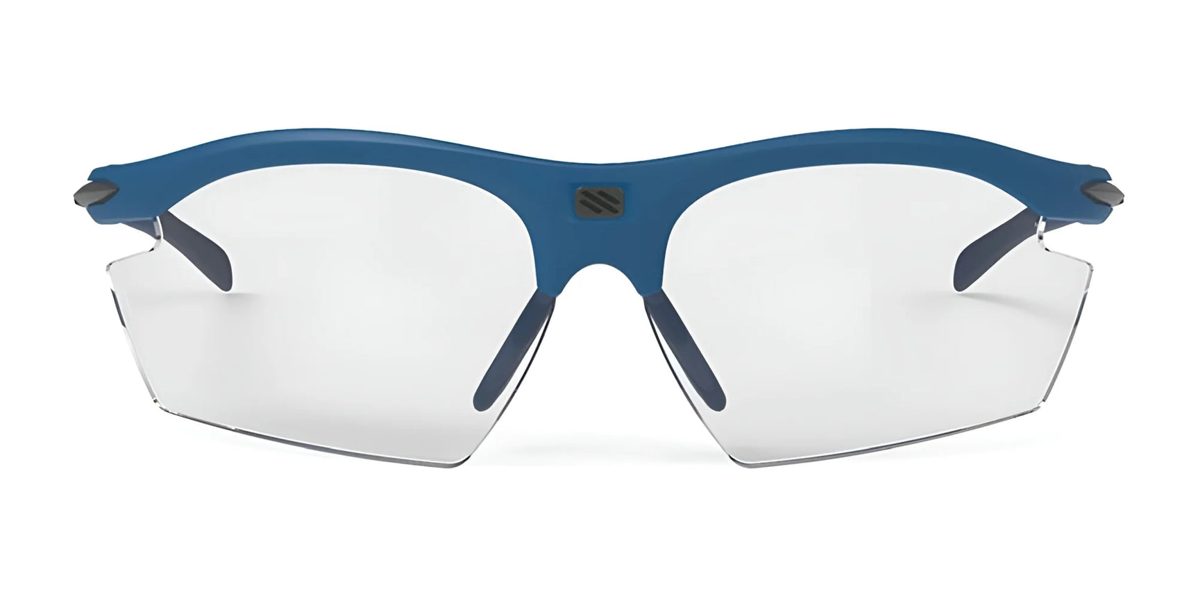 The Rudy Project Rydon Sunglasses by Rudy Project feature a blue frame, clear rimless lenses, and adjustable anti-slip nosepads, displayed against a plain white background. The Rudy Project Rydon Sunglasses by Rudy Project feature a blue frame, clear rimless lenses, and adjustable anti-slip nosepads, displayed against a plain white background.