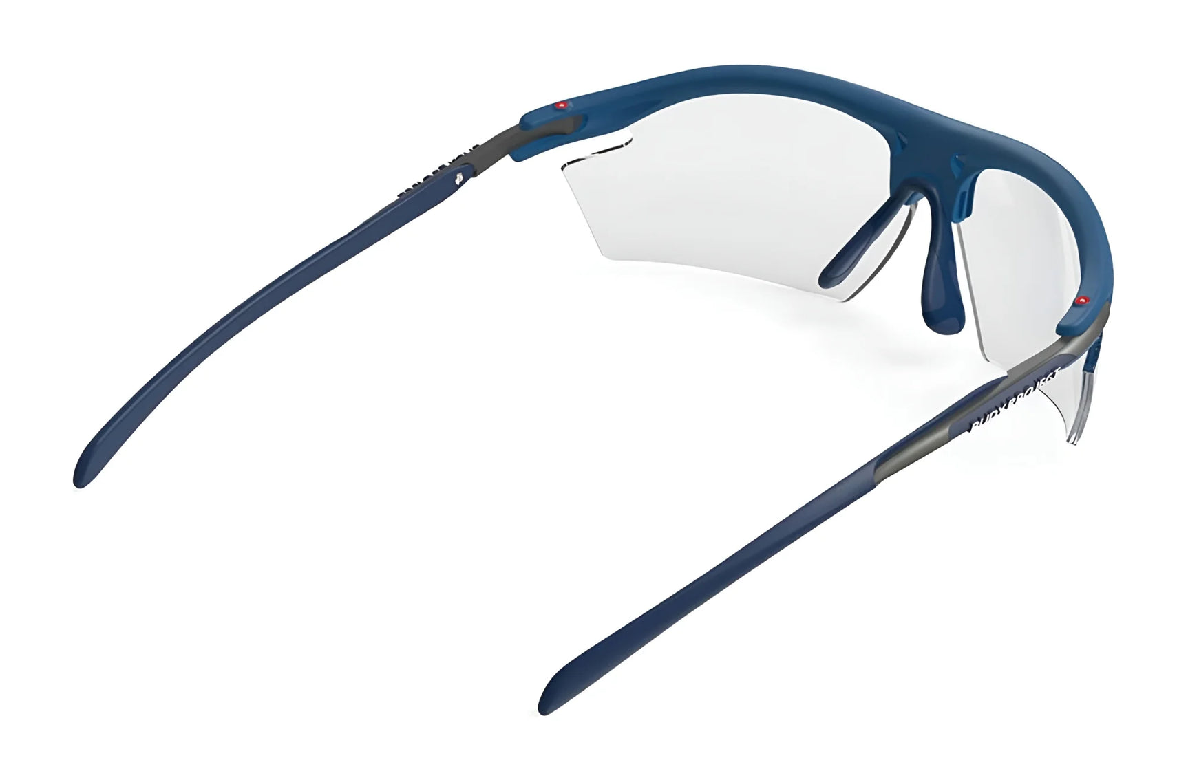 Rudy Project Rydon Sunglasses by Rudy Project shown from the rear on a white background, featuring blue frames, clear lenses, and adjustable anti-slip nosepads for enhanced comfort.