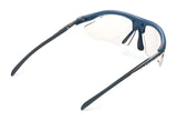 Rudy Project Rydon sunglasses by Rudy Project, featuring blue frames, clear lenses, and adjustable anti-slip nosepads, shown from the rear on a white background.