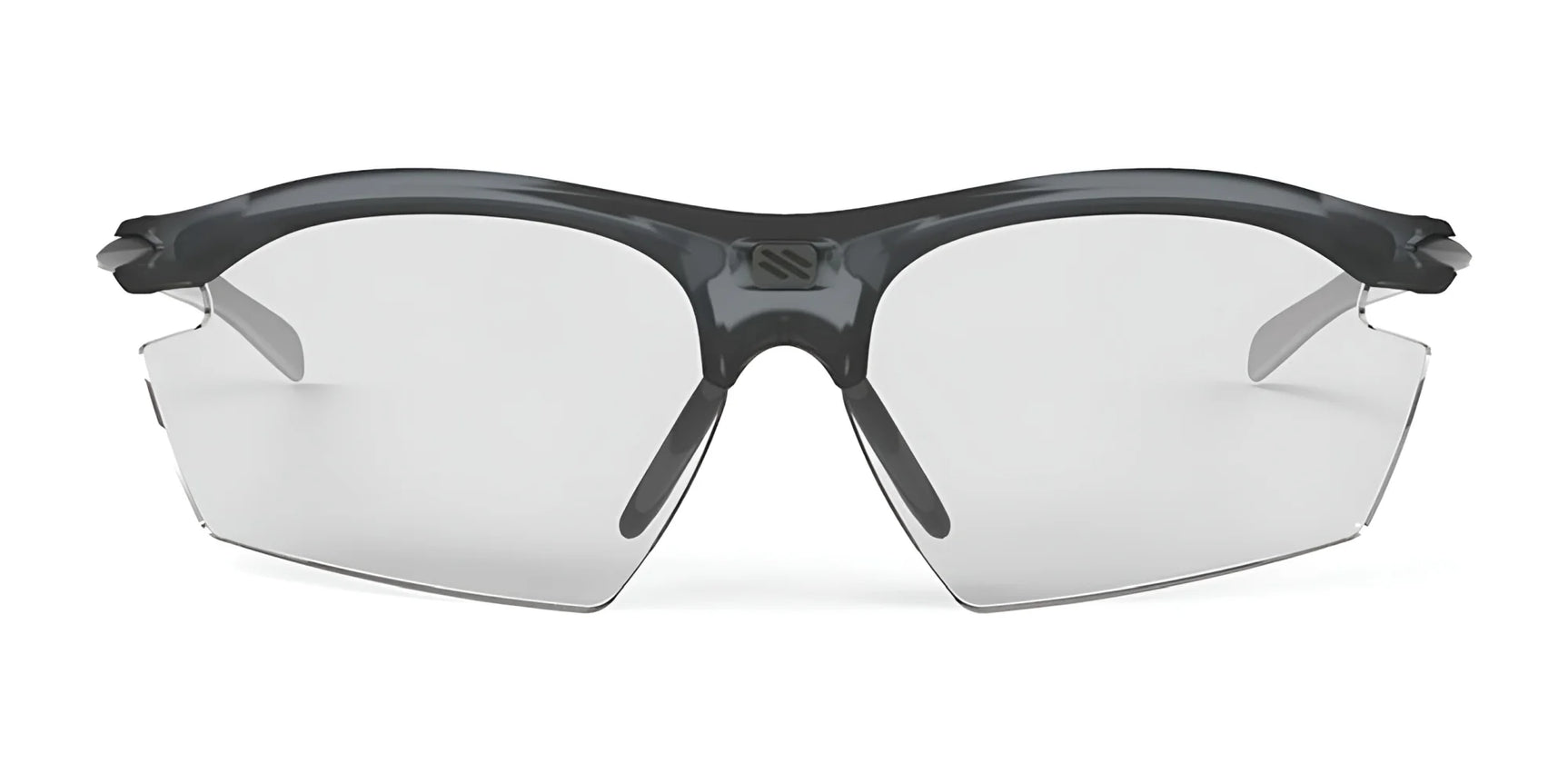 The Rudy Project Rydon Sunglasses by Rudy Project feature a black frame and clear, semi-rimless interchangeable lenses in a translucent sport design, shown from the front.