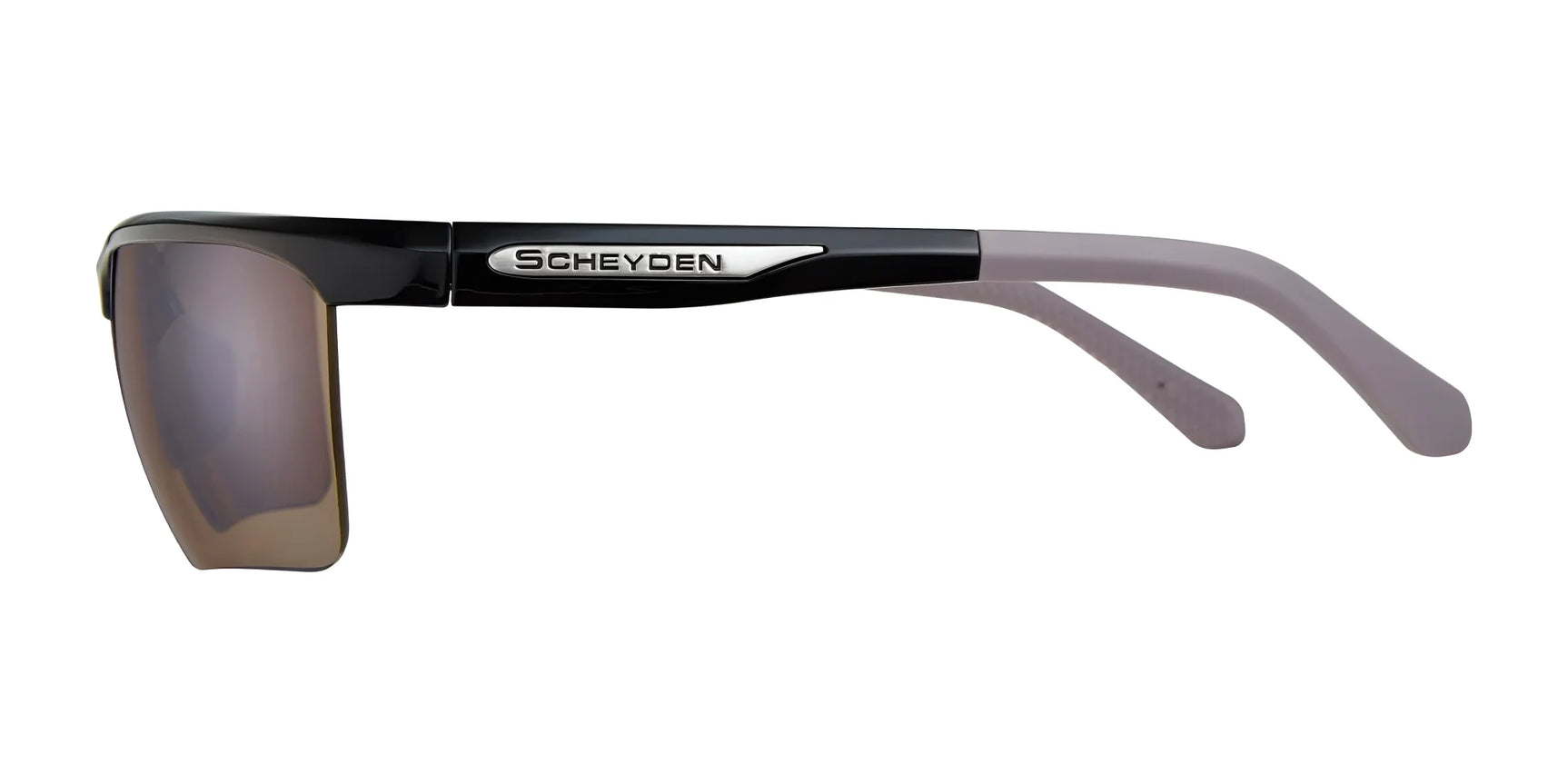 Side view of Scheyden CIA GRABBER sunglasses in black, showcasing a metallic "Scheyden" logo and gray arms, crafted from durable TR90 composite material.