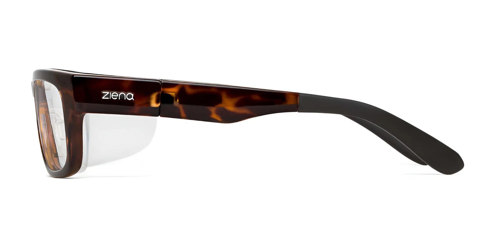 Side view of Ziena Kai Eyeglasses, size 52, with tortoiseshell frames and black arms, displaying the "Ziena" brand name on the side and featuring optical clarity lenses.