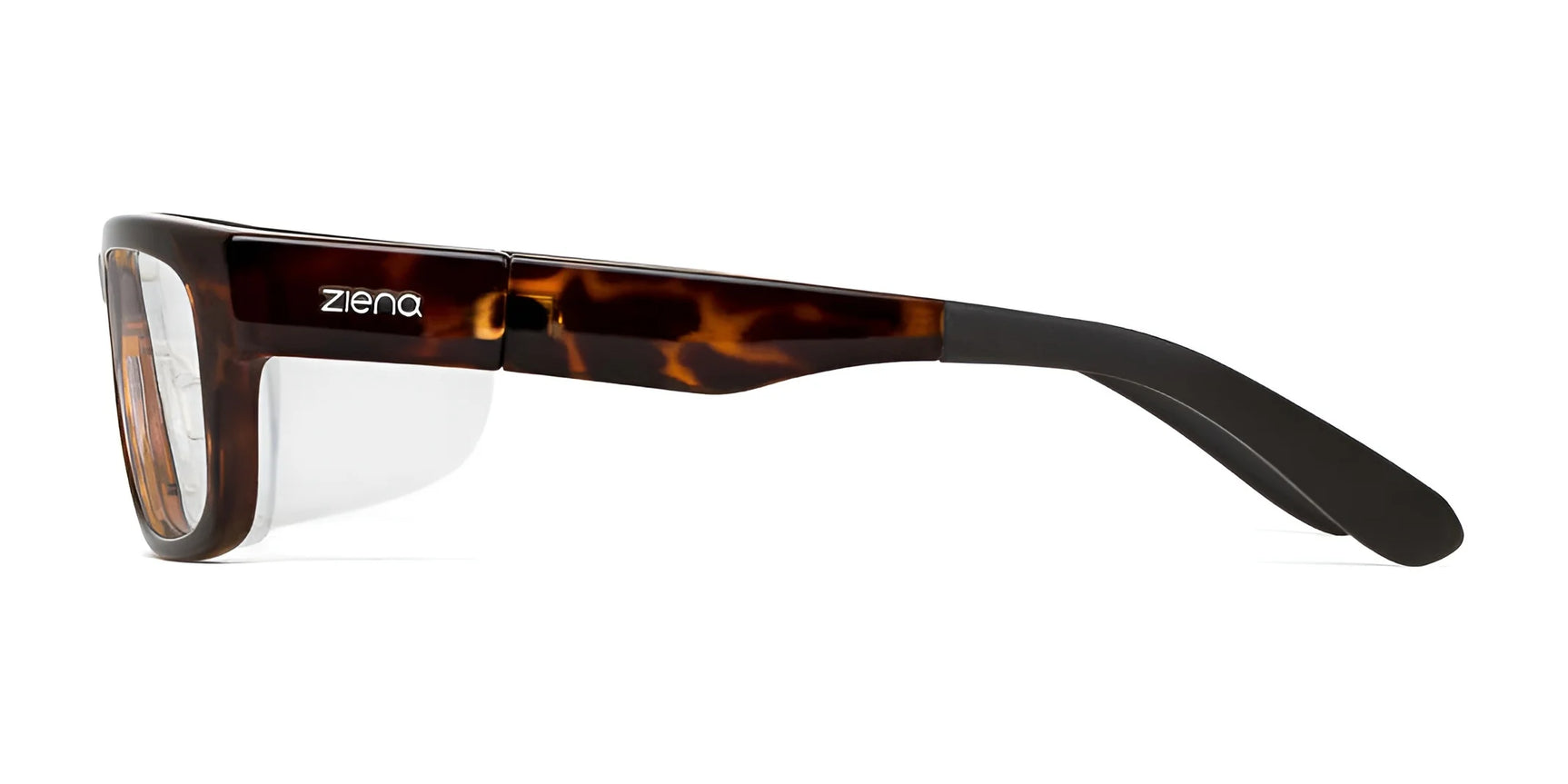 Side view of Ziena Kai Eyeglasses (Size 52) with tortoiseshell pattern, Optical Clarity Lenses, and sleek black temples on a white background. Side view of Ziena Kai Eyeglasses (Size 52) with tortoiseshell pattern, Optical Clarity Lenses, and sleek black temples on a white background.